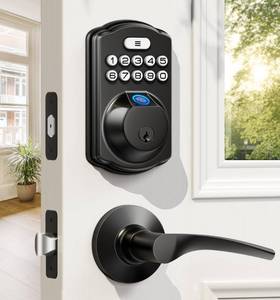 lot 17578 image: Veise Fingerprint Door Lock with 2 Lever Handles - Keyless Entry Door Lock, Electronic Keypad Deadbolt, Digital Smart Code & Front Handle Sets, Auto-Locking, Easy Installation, Matte Black