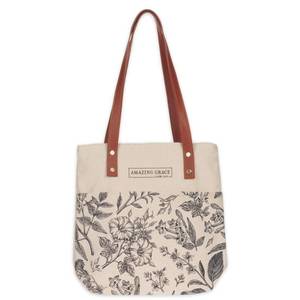 lot 17581 image: Christian Art Gifts Canvas Floral Tote Bag for Women Amazing Grace Inspirational Scripture for Shopping, Supplies, Books, Accessories, Vegan Leather, Pocket, Zippered Closure, Creamy Tan & Brown