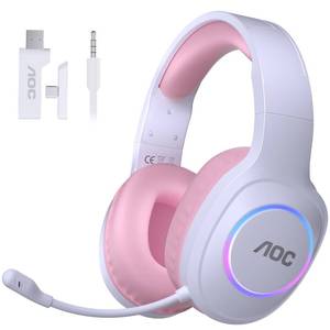 lot 18331 image: AOC Wireless Gaming Headphones with USB-C for PS54, Nintendo Switch, PC, Bluetooth 5.4 & 2.4GHz Gaming Headset with Noise Canceling Mic, RGB, 20ms Latency, 45H, 7.1 Virtual Surround- Pink