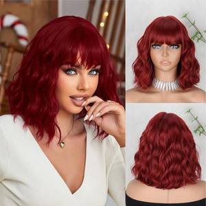 lot 18333 image: MISSQUEEN Short Red Wigs for Women with Bangs Wine Red Wavy Curly Bob Wig