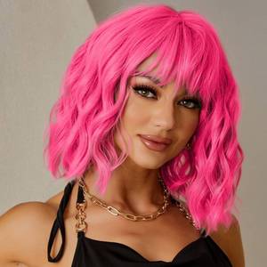 lot 18343 image: LINGHANG Short Pink Wigs for Women Short Wavy Hot Pink Wigs with Bangs Synthetic Curly Bob Wig Curly Shoulder Length Cosplay Wig for Women Girls