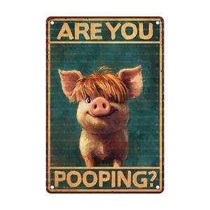 lot 18363 image: NiniArte Highland Pig Vintage Tin Sign Are You Pooping Funny Bathroom Wall Decor for Western Highland Pig Lovers 8X12Inch