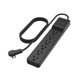 lot 18399 image: Belkin Surge Protector Power Strip with 6 AC Outlets, 6ft1.8M Long Heavy-Duty Extension Cord, & 360-Degree Rotating AC Plug for Conference Rooms, Computer Desktops, & More - 600 Joules of Protection