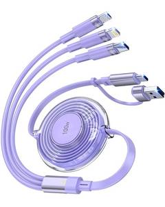 lot 18403 image: 100W 6-in-1 Retractable Multi Charging Cable, USB CLightningMicro Multi Charger Cord for iPhones, iPads, MacBook, Tablets, Galaxy, Note & More - 4Ft1.2M 5A Fast Charging, Durable & Portable, Purple