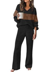 lot 18438 image: RUMIA Two Piece Sets for Women Loose Fit Fall Fashion Sweater Pant Sets Travel Outfits Airport Ouffits Black Caramel L
