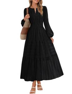 lot 18440 image: MEROKEETY Spring Summer Midi Dresses for Women 2026 Fall Casual Vacation Long Sleeve V Neck Tiered Cotton Maxi Dress Pockets, Black, X-Large