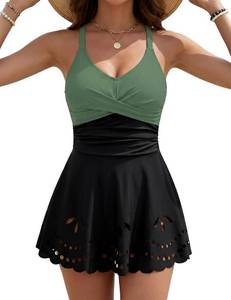 lot 18444 image: WINEGO Womens Tankini Swimsuits Tummy Control Bathing Suit Twist Front Cutout Swim Dress with Bikini Bottoms(Army Green and Black,Medium)