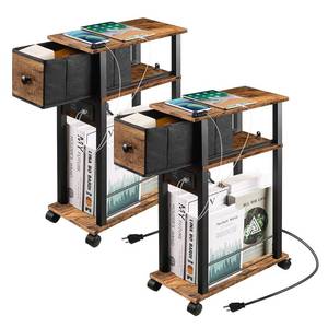 lot 19929 image: DGSANDGO 2 Pack Narrow Side Table- Nightstand with Charging Station (2 USB  1 AC Outlet) & Drawer, Mute Wheels for MinimalistBedroomLiving RoomOffice(Rustic Brown  Black)