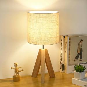 lot 19937 image: Small Table Lamp, Wooden Tripod Nightstand Lamp with Linen Fabric Shade, Cute Boho Modern Bedside Nightstand Lamp for Bedroom, Living Room, Nursery, Kids Room, Office, Dorm, Bulb Not Included