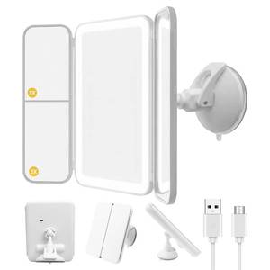 lot 19941 image: Hoxutym Trifold LED Vanity Mirror with Lights, Bathroom Shower Mirror with Powerful Suction Mount, Rechargeable Makeup Mirror with 2X3X Magnification, 3 Color Lights & Brightness Adjustable