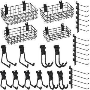 lot 19943 image: INCLY 30PCS Slatwall Accessories Set, Includes 4 Pack Ventilated Metal Wire Slatwall Baskets and 26PCS Multisized Heavy Duty Slatwall Hooks for Garage Organization Rooms Workshop Storage