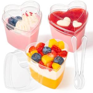lot 19944 image: TOFLEN 50 Pack Heart Shaped Dessert Cups with Lids and Spoons, 5 oz Mini Plastic Shooter Cups for Parfait, Pudding, Fruit, Cheesecake, Mousse, Jello, Yogurt, Appetizer