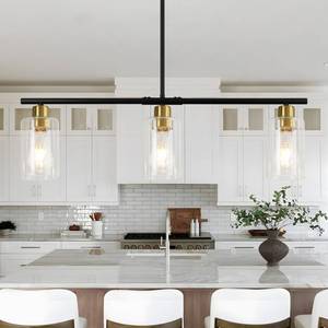 lot 19960 image: WILON Kitchen Island Lighting, 3 Lights Black Linear Chandeliers Modern Farmhouse Chandelier with Glass Shades for Kitchen Island Living Dining Room Foyer Bedroom (Black Gold, 3 Lights)