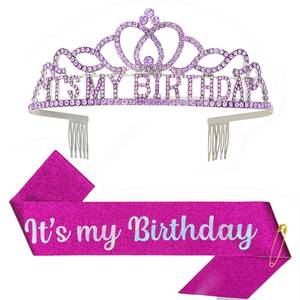 lot 20320 image: Araluky Purple Birthday Crown for Adult Woman, Birthday Sash, Tiara Headband, Party Hat & Favors Gift