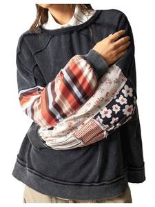 lot 20332 image: BEAUDRM Womens Oversized Sweatshirt Boho Tops Patchwork Crewneck Sweatshirt Floral Long Sleeve Pullover Tops Multi Black Flower X-Large