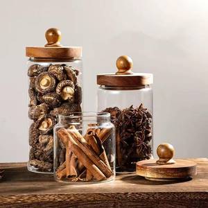 lot 20338 image: PAS2 Living Glass Jars with wooden lids for spices, sugar, beans, nuts or pasta (15oz (450ml))