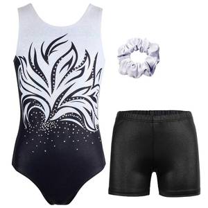 lot 20378 image: MODAFANS Leotards for Girls Gymnastics with Shorts Ballet Dance Set Athletic Leotards with Hair Scrunchie Black White,6-7Years