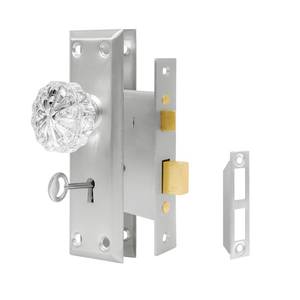lot 20395 image: Mortise Lock Set for Interior Door with Skeleton Key, Glass Door Knobs with Lock, Antique Vintage Door Knobs Replacement Hardware (Brushed Nickel Finish)
