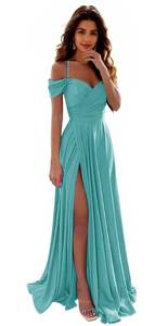lot 20401 image: Turquoise Off Shoulder Bridesmaid Dresses for Women Wedding Guest Dress with Slit Ruched A Line Evening Gowns US Size 16 IIF006