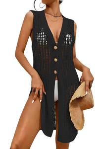 lot 20411 image: Cakulo Womens Crochet Beach Cover Ups Sleeveless Cardigans Lightweight Summer Long Sweater Vest 2026 Vacation Black S