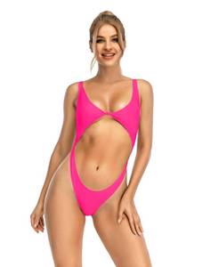 lot 20412 image: YAUASOPA Womens One Piece Bikini Bare Midriff Scoop Neck Low Back Bathing Suit Tie Front Cutout High Cut Swimsuit(US(6-8) L, Fluorescence Pink)