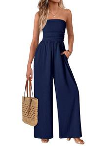 lot 20428 image: MASCOMODA One Piece Jumpsuits for Women Strapless Smocked Casual Rompers Long Pants with Pockets Vacation Summer Outfits(Navy Blue,Small)