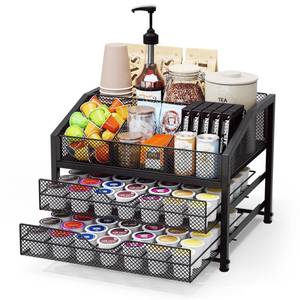 lot 1519 image: Homsorout Coffee Bar Organizer - Coffee Station for Countertop, Metal and Wood K Cup holder Storage Basket for Syrup, Cups, Stirrer, Condiment, Tea Organizer, Black