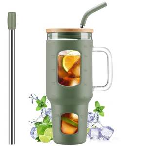 lot 1532 image: WINSA Glass Tumbler with Straw and Lid, 40 oz glass cup with handle, Glass Water Bottles with Time Marker, Silicone Protective Sleeve-Olive