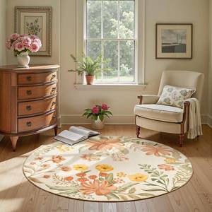 lot 3036 image: jinchan 4ft Round Floral Area Rug for Entryway - Washable Soft Non-Slip Flower Rug Circle 4 Round Accent Rug for Living Room Bedroom Dining Room Coral Pink on Beige