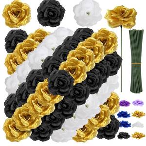 lot 3050 image: 108pcs Roses Head Flowers with Stem - Black Gold White Graduation Artificial Flowers Rose Bulk - Silk Rose Fake Flower for Birthday Wedding Baby Shower Centerpieces Gold Theme Grad Party Tables Decor