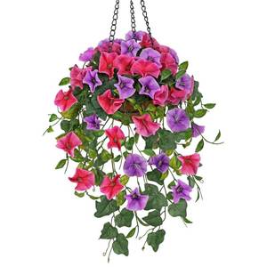 lot 3056 image: Briful Fake Hanging Flowers with Basket, Artificial Morning Glory Hanging Plants Faux Spring Flowers for Outdoor Front Door Patio Garden Balcony Home Decoration(Pink Purple)