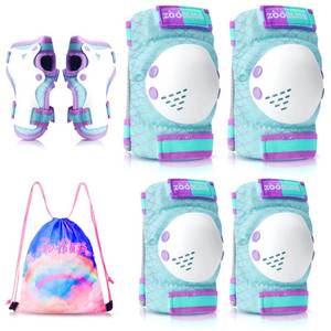 lot 3061 image: Knee Pads for Kids, ZOOBLISS Toddler Knee and Elbow Pads Set Wrist Guards for Girls Aged 3-12, Kids Protective Gear for Roller Skates Skateboard Bike Scooter, Included Drawstring Bag (Mermaid Cyan)
