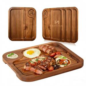lot 3076 image: 4 pcs Acacia Wood Steak Plates,Carnivore Cutting Board for Eating, Carved Meat Wooden Plate, Food Serving Tray,Cheese Charcuterie Boards with Deep Grooves & Hidden Handles