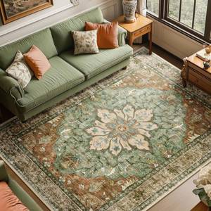 lot 4054 image: RELEANY Area Rugs 8x10 Washable Non-Slip, Floral Vintage Distress Print Pattern Medallion Carpet for Living Room Bedroom Dining Room, Brick Red Rust Neutral Brown Burnt Orange Green