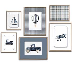 lot 4368 image: 6Pcs Vintage Transportation Nursery Wall Art Navy Blue Hot Air Balloon Biplane Train Truck Sailboat Pictures Wall Decor Blue Vintage Nursery Poster Prints for Bedroom Playroom Decor 8x10 Unframed
