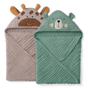 lot 4371 image: Blissful Diary Muslin Baby Hooded Towel 2 Pack, Soft & Absorbent Bath Towel for Infant, Toddler, Unisex, Baby Gift, Newborn Essentials, Bear & Giraffe