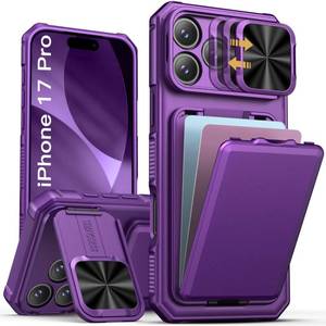 lot 4382 image: SSLOTSCASE for iPhone 17 Pro Case with Card Holder & Sliding Camera Lens Cover & Hidden Kickstand & Camera Stand & Wallet, Silicone Edge Durable Protective Case Cover for iPhone 17 Pro 5G, Dark Purple