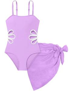 lot 4384 image: TALLWH Girl Swimsuit Bathing Suits Size 8-10 Adjustable Straps Cut Out One Piece Swimsuit with Solid Color Cover Up Skirt Girls Swimwear