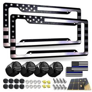 lot 4390 image: BGGTMO Black American Flag License Plate Frames- 2 Pack Front Rear Patriotic USA Stars and Stripes Aluminum Car Tag Holder with Screws