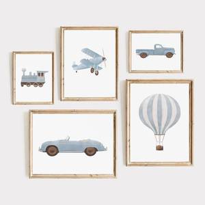 lot 4413 image: Blue Car Canvas Wall Art Boys Room Canvas Poster Blue Car Air Balloon Plane Train Prints Canvas Painting Picture Vintage Travel Boy Nursery Wall Art Watercolor Toddler Art Prints For Kids Room Decor