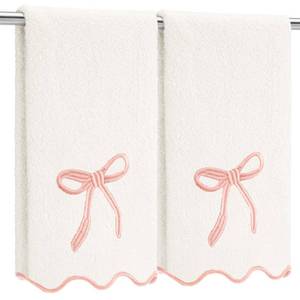 lot 4462 image: Fanfanwin 2 Pcs White Pink Bow Scalloped Hand Towels for Bathroom 26 x 13 Inch Soft Embroidery Cute Coquette Bath Towels Fingertip 100% Cotton Absorbent Boho Bath Decor for Kitchen Bathroom