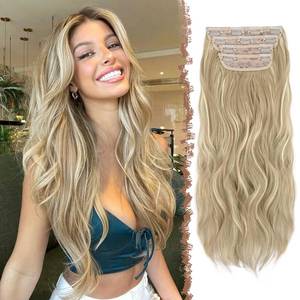 lot 4493 image: FESHFEN Clip in Hair Extensions for Women - 4 Pcs Thick Double Weft Long Wavy Soft Synthetic Blends Well Hair Extension, 24 inch Dirty Blonde