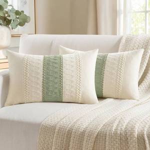 lot 4502 image: Woaboy Set of 2 Sage Green Boho Decorative Throw Pillow Covers 12x20 Inch Lumbar Farmhouse Cotton Cushions Modern Home Decor for Livingroom Bedroom Couch Bed Sofa Chair