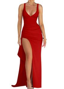 lot 4504 image: Memoriesea Womens Sexy Plunge Neckline Bodycon Ruched High Slit Party Maxi Dress Red