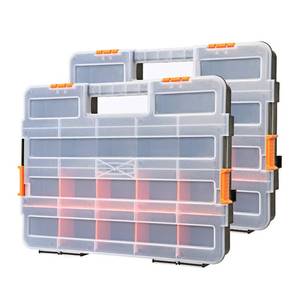 lot 5034 image: Makitoyo Tool Box Organizers, Interlocking Black Small Parts Organizer for Fasteners, Parts and Crafts wRemovable Dividers, 2 Pieces Pack, Black & Orange,15��L�11.6��W�2.6��H both cases slightly correct around top left latch