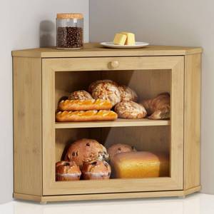 lot 5036 image: Goozii Bamboo Corner Bread Box for Kitchen Counter, 2 Tier Bread Keeper Wooden Round, Farmhouse Bread Storage Bin for Kitchen Countertop, Counter Organizer for Bread, Cup, Fruit, Spice, Snack