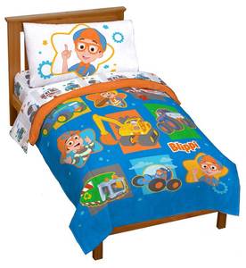 lot 5040 image: Jay Franco Blippi & Meekah Trucks Toddler Comforter Set - 4 Piece Blue Bedding Sheet Set & Pillow Cover - Super Soft Microfiber Bed Set