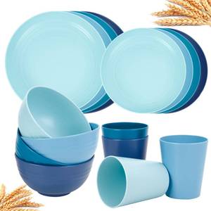 lot 5043 image: Rubtlamp 16pcs Wheat Straw Dinnerware Set, Unbreakable Plates And Bowls Sets of 4, Plastic Plates Set Reusable (Light Deep Four Colors) Daily