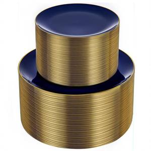 lot 5049 image: bUCLA 100PCS Blue Plastic Plates - Navy Blue Disposable with Gold Rim, Include 50 Each (10 inch Dinner & 7 inch Dessert) Plates, Ideal for Party and Graduation