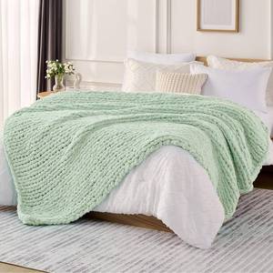 lot 5050 image: LAGRATY Chunky Knit Blanket Throw 50x60 Chenille Chunky Knitted Throw Blanket for Bed Couch - Handmade Thick Big Cable Knit Blanket - Large Crochet Rope Blanket for Home Decor(Milky Green)